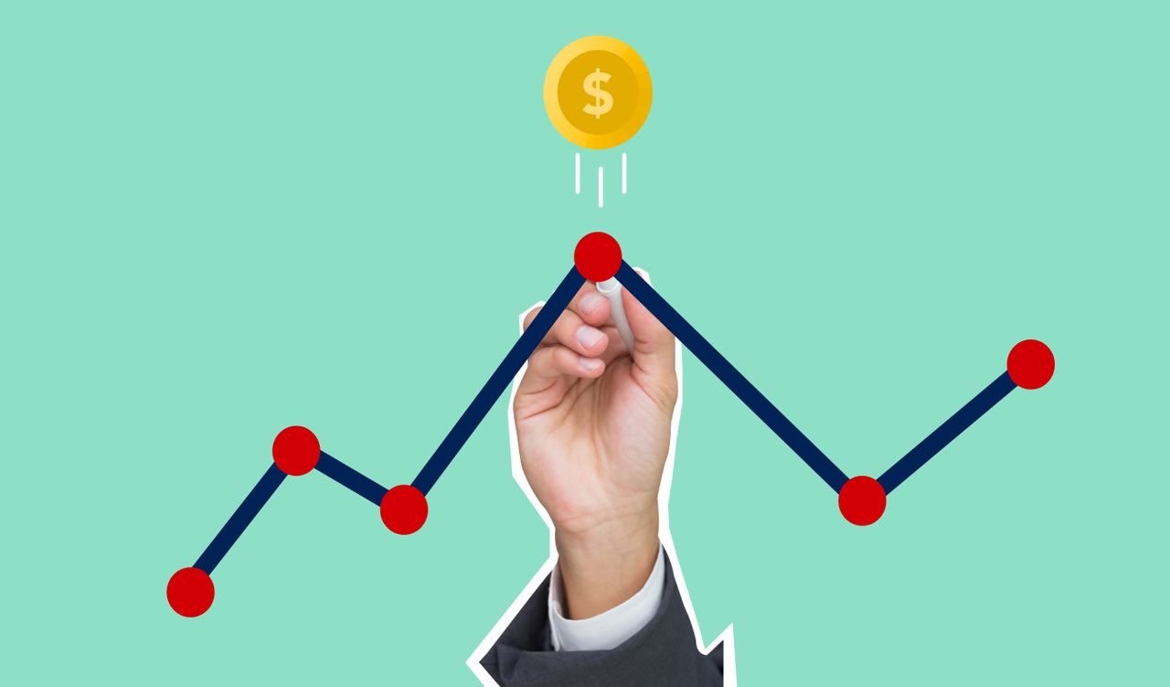 services-04 Cutout paper appliques of hand with chalk drawing graph under coin with dollar symbol on green background