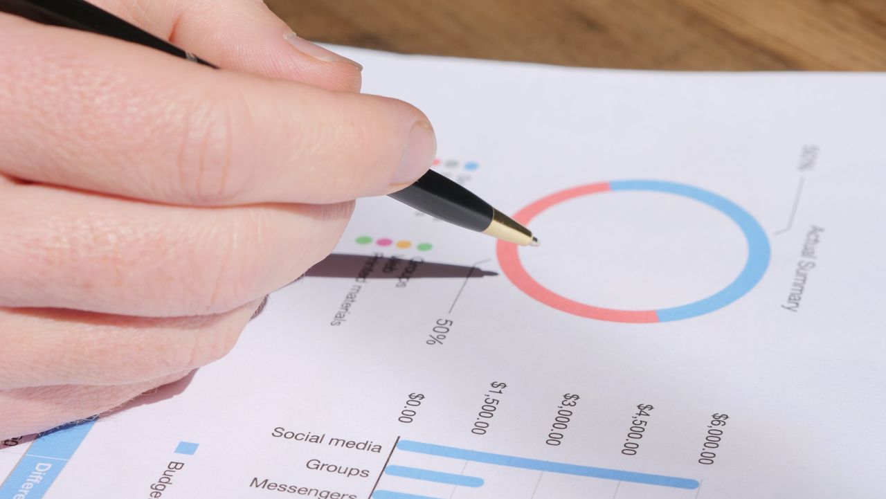 about-us-01 A hand with a pen reviewing business graphs and charts for analysis.